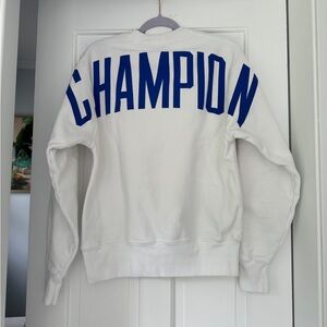 Champion Reverse Weave White Block Letter Varsity Crewneck Sweatshirt in Size S